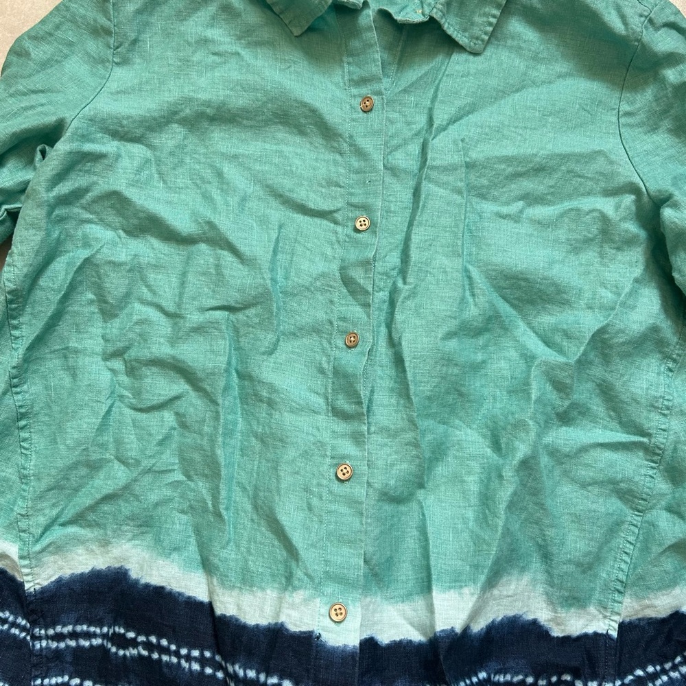 Donna Karan New York Women's Linen Lagenlook Blue Button Up Blouse - Picture 2 of 10